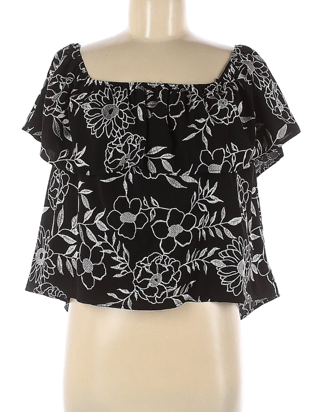 Honey Punch Black & White Floral Off-Shoulder Crop Top